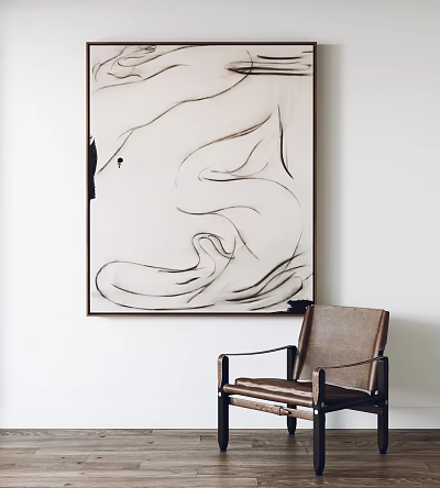 Abstract Painting With Black Curved Lines On White Wall And Leather Chair 3d model
