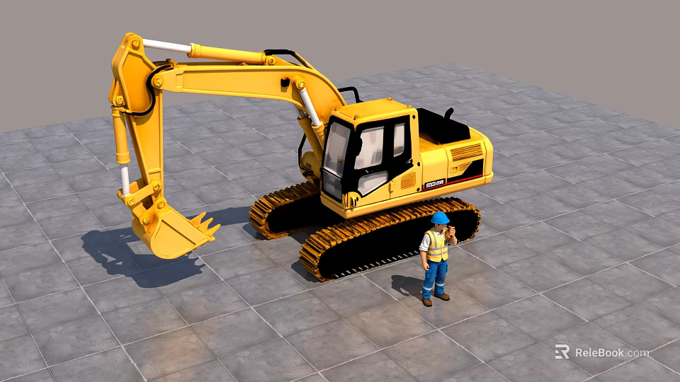 Yellow Tracked Industrial Excavator With Front Bucket And Construction Worker 3d model 