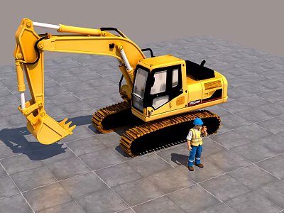 Yellow Tracked Industrial Excavator With Front Bucket And Construction Worker 3d model