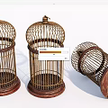 Wicker Birdcage Decorative Ornament Set With Wooden Base Two Standing One Overturned