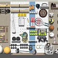Organized Sports Equipment Display On Pegboard Wall With Basketball Volleyball Dumbbells And Dartboard
