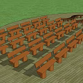 Wooden Landscape Seats With Curved And Straight Designs On Wooden Deck And Green Grass