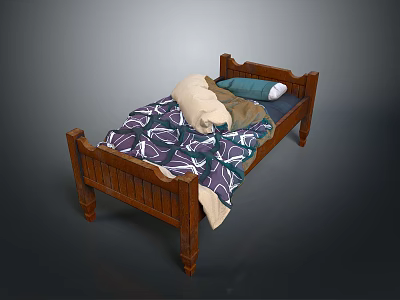 Classic Wooden Bed With Headboard Footboard Purple White Leaf Pattern Quilt And Blue Beige Pillows 3d model