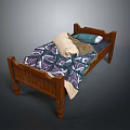 Classic Wooden Bed With Headboard Footboard Purple White Leaf Pattern Quilt And Blue Beige Pillows