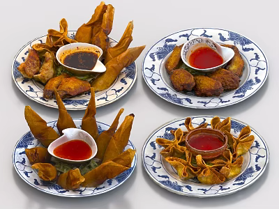 Chinese Fried Snacks With Dipping Sauces On Blue White Plates 3d model
