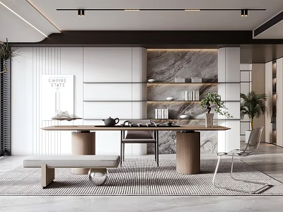 Modern Tea Room Interior Design With Wooden Table Bookshelf And Green Plants 3d model