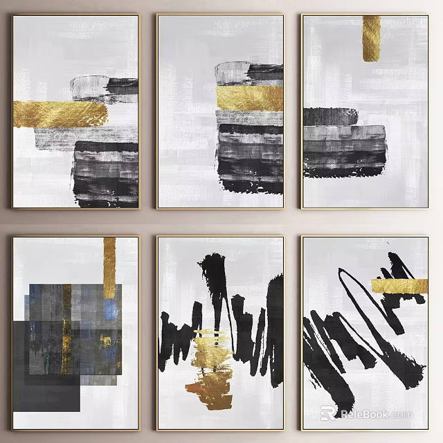 Abstract Paintings With Black Gold Gray Brushstrokes And Geometric Shapes 3d model 