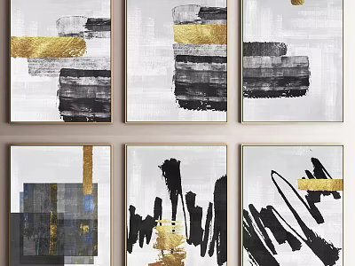Abstract Paintings With Black Gold Gray Brushstrokes And Geometric Shapes 3d model