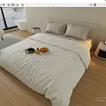 Modern Double Bed with White Bedding Wooden Floor Nightstand Lamp and Fruit Plate