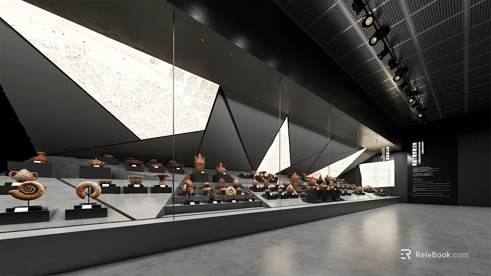 Modern Cultural Center Exhibition Hall With Ancient Pottery Exhibits And Geometric Display Shelves 3d model 