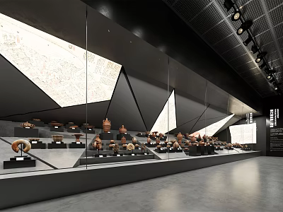 Modern Cultural Center Exhibition Hall With Ancient Pottery Exhibits And Geometric Display Shelves 3d model