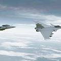 Two Modern Fighter Jets in Flight with Weaponry Over Cloudy Sky 3d model