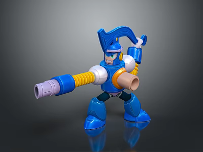 Blue Armored Robot Character With Helmet Yellow Mechanical Arm And Weapon 3d model