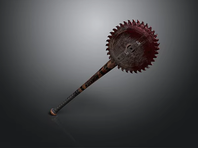Ancient Serrated Weapon with Long Wooden Handle and Decorative Textured Design 3d model