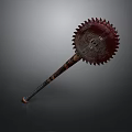 Ancient Serrated Weapon with Long Wooden Handle and Decorative Textured Design