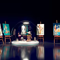 Art Exhibition Photo Spot With Colorful Paintings On Easels Circular Platform Sculpture And Green Plants