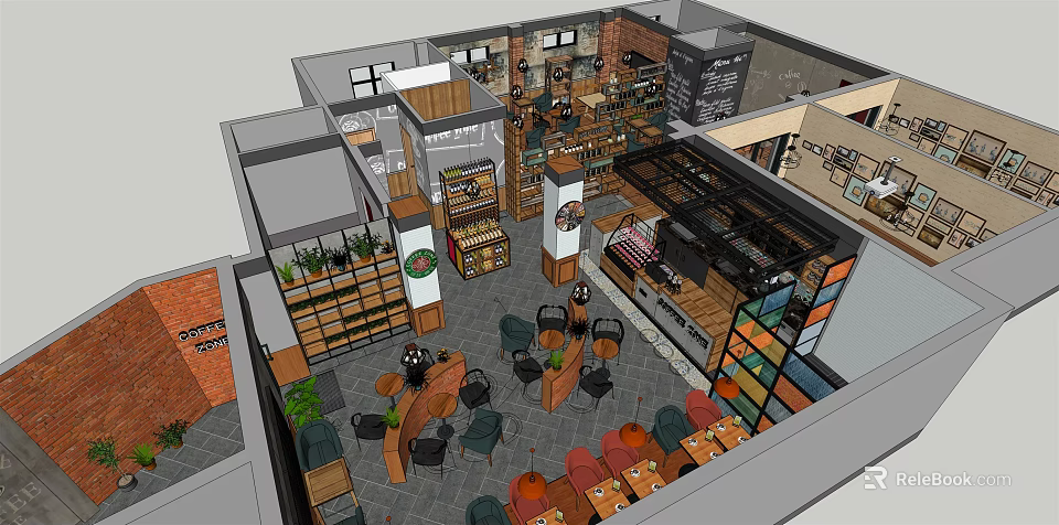 Cozy Cafe Interior Design With Comfortable Seating Green Plants And Wooden Shelves 3d model 