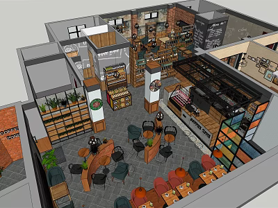 Cozy Cafe Interior Design With Comfortable Seating Green Plants And Wooden Shelves 3d model