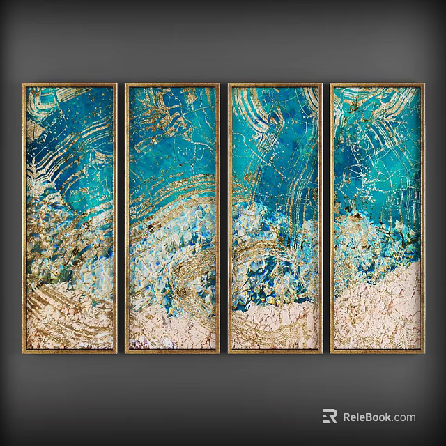 Abstract Blue And Gold Textured Wall Art With Four Panel Golden Frames 3d model 