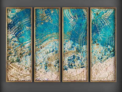 Abstract Blue And Gold Textured Wall Art With Four Panel Golden Frames 3d model