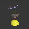 Pink Flowering Plant in White Pot with Yellow Hemispherical Base and Floating on Gray Background