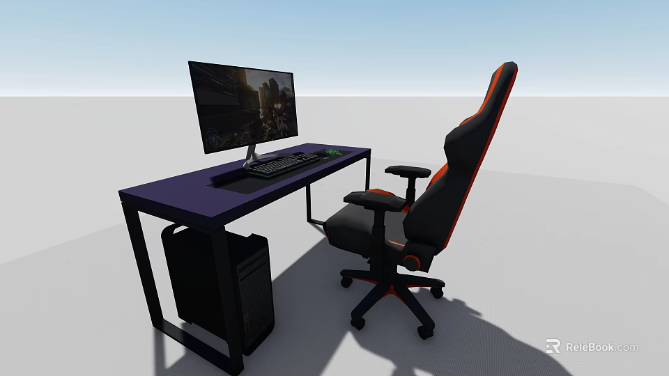 Functional Desk with Purple Tabletop Black Frame Computer Monitor Keyboard Mouse PC and Gaming Chair 3d model 