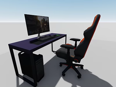 Functional Desk with Purple Tabletop Black Frame Computer Monitor Keyboard Mouse PC and Gaming Chair 3d model