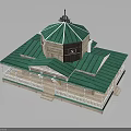 Traditional Building Featuring Green Dome Roof Wooden Structure and White Railings