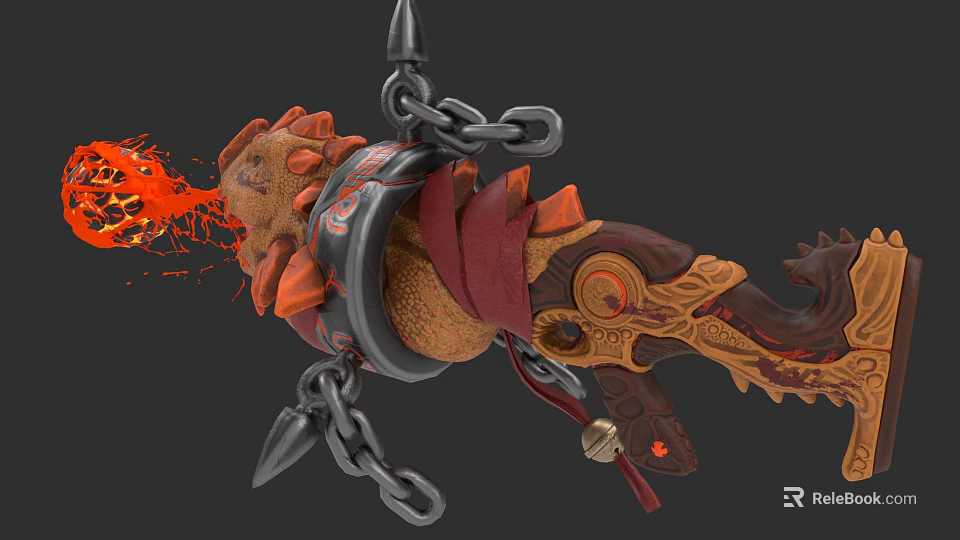 Decorative Dragon Head Weapon With Chains Flame And Ornate Metal Design 3d model 