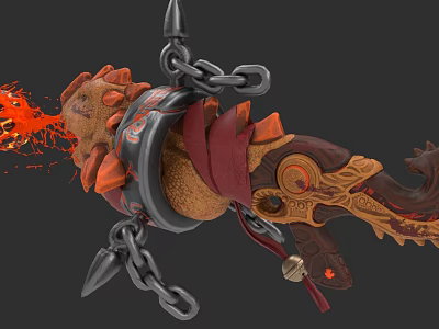 Decorative Dragon Head Weapon With Chains Flame And Ornate Metal Design 3d model