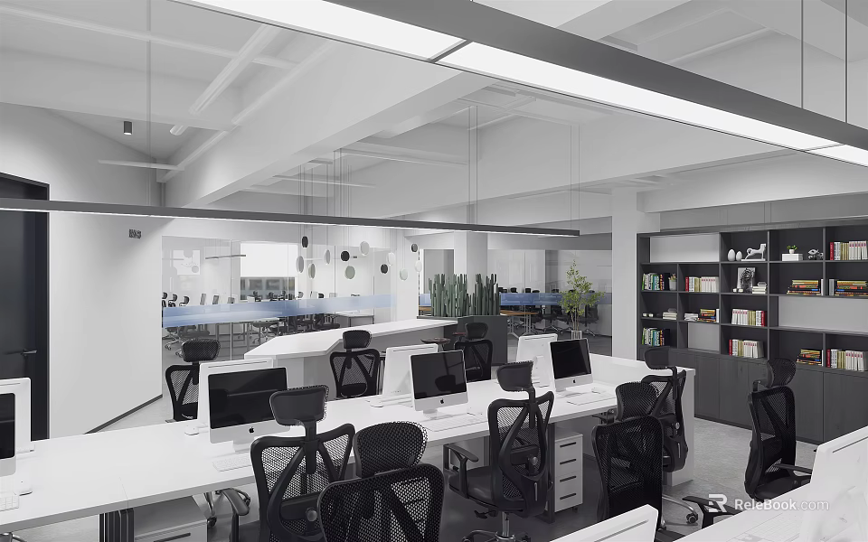 Spacious Public Office Area With Desks Computers Office Chairs Bookshelves And Green Plants 3d model 