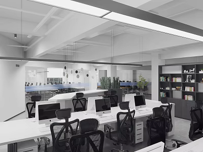 Spacious Public Office Area With Desks Computers Office Chairs Bookshelves And Green Plants 3d model