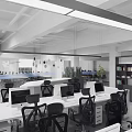 Spacious Public Office Area With Desks Computers Office Chairs Bookshelves And Green Plants