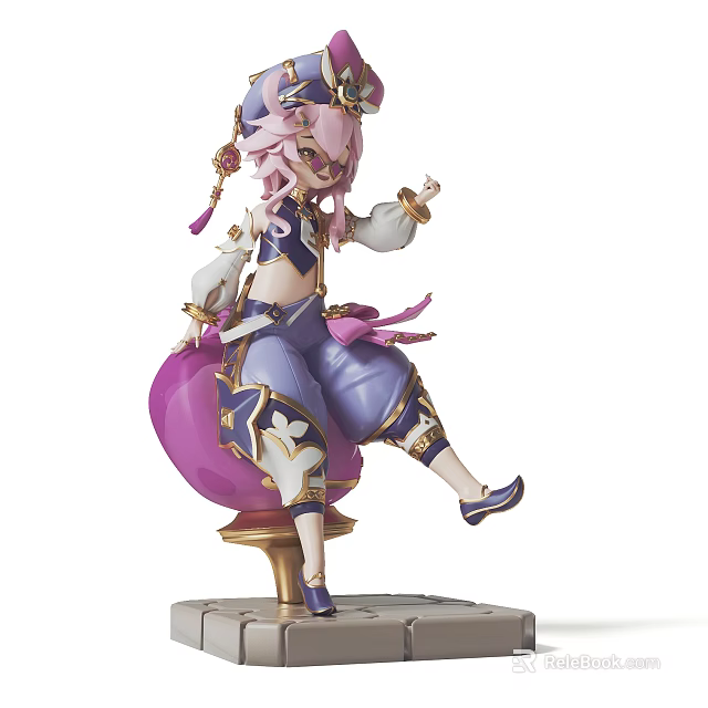 Anime Collectible Figurine With Pink Hair Purple Blue Outfit And Golden Accents 3d model 