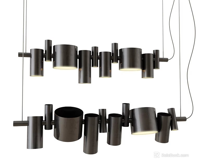 Modern Black Pendant Light With Multiple Cylindrical Elements And Metallic Structure 3d model