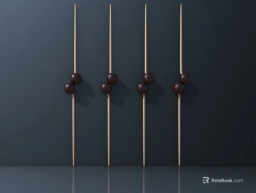 Vertical Sticks With Dark Spheres Arranged In Row On Dark Background With Reflection 3d model 