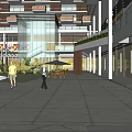 Modern Commercial Street Featuring Retail Shops Pedestrians Benches Fountains and Greenery