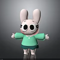 Cute Cartoon Rabbit with Big Black Eyes Pink Ears Green Shirt Skirt and Open Arms