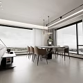 Modern Living Dining Room Interior With Large Windows Curtains Sofa And TV Wall