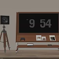 Wooden TV Stand With Large Screen Photo Frames Game Controller And Tripod Speaker