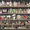 Assorted Alcoholic Beverages And Cocktails Display On Wooden Shelves With Glasses