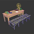 Rustic Home Living Set With Wooden Table Vintage Fan And Long Bench