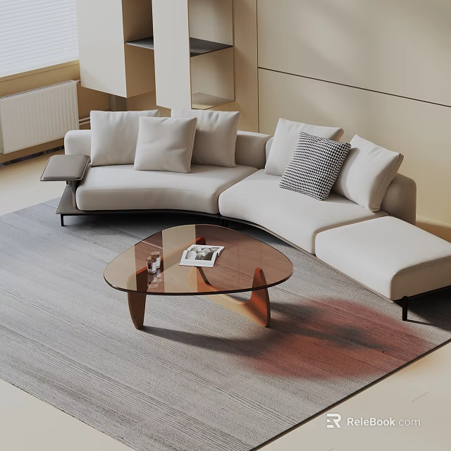 Modern Living Room Interior Featuring Light Beige Three-seater Sofa With Cushions And Glass Coffee Table 3d model 