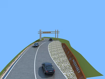 Municipal Road With Vehicles Driving Along Lanes And Roadside Facilities Under Clear Blue Sky 3d model