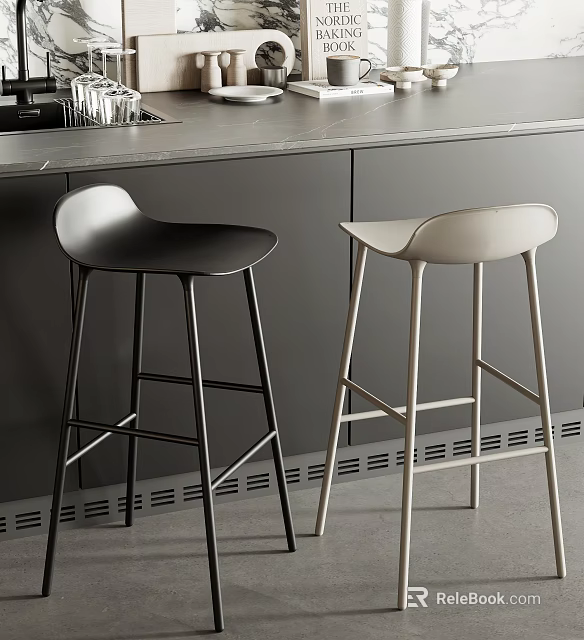 Stylish Black And Beige Bar Stools In Modern Kitchen Interior 3d model