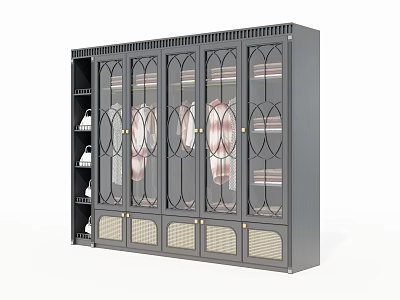 Modern Dark Wardrobe With Glass Doors Decorative Patterns And Hanging Clothes 3d model
