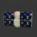 Dark Blue Wallet With Colorful LV Monogram Stars Flowers Pink Studded Strap And Gold Buckle