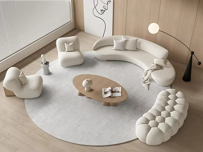 Minimalist Curved Sofa and Round Coffee Table Set With Armchairs Gray Rug and Floor Lamp 3d model
