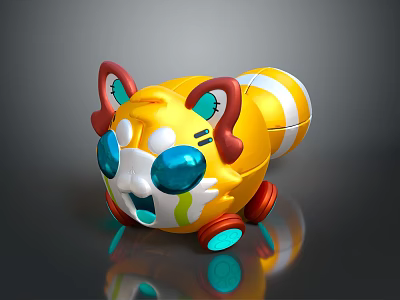 Yellow Space Exploration Toy Rover With Red Ears Blue Eyes And Orange Stripes 3d model