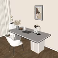Modern White Home Office Desk with Laptop Lamp Vase Chair and Wooden Floor
